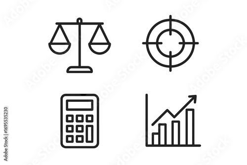 Business and finance line icon set. Justice scales, strategy target, financial calculator, and data growth chart. Vector icons with editable stroke for web, app, and infographics.