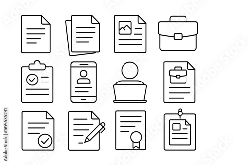 Job resume line icon set. Business documents, office work, CV, and portfolio icons. Editable stroke vector for career, hiring, recruitment, contract, and application.