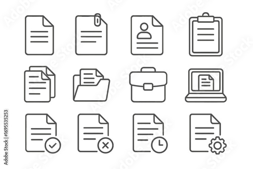 Job documents line icon set. Office paper, resume, CV, and report symbols. Editable stroke vector icons for web and apps. Includes folder, briefcase, approved and rejected files.
