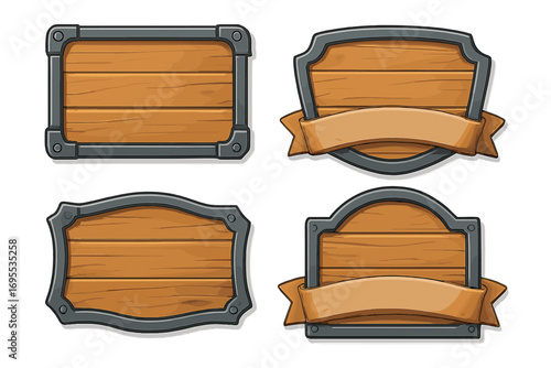 Wooden sign and banner set with metallic frames, vintage cartoon style vector illustration, rustic wood plaques with metal edges and ribbon banners, perfect for design projects and games