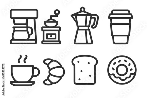 Minimal line icons of coffee equipment and breakfast treats, vector cartoon illustration set with transparent background, ordered collection of morning ritual items, cafe utensils, and food elements