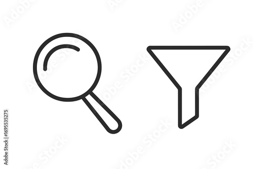 Minimalist search and filter icons set with magnifying glass and funnel symbols in line art style, vector cartoon illustration with transparent background, user interface elements