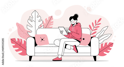 Enjoying Evening: Woman Relaxing On Couch With Tablet Amidst Decorative Foliage