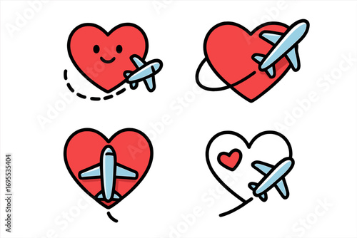 Travel love symbols with airplanes and red hearts vector set, romantic flying icons, heart shapes with airplanes, travel romance concept, cartoon style illustration, transparent background