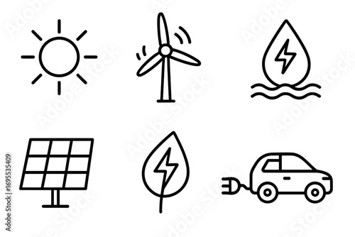 Simple line icons of renewable energy sources and eco-friendly technology, vector cartoon illustration, transparent background, ordered set, clean design for sustainable energy concepts