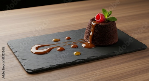 A plated dessert on a slate serving board.The dish is a chocolate lava cake with a raspberry and a mint sprig,drizzled with a rich sauce.The setting is clean and simple, with a neutral background.