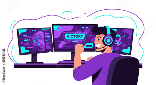 Enthusiastic Gamer Celebrates Victory With Dynamic Gaming Setup and Professional Gear