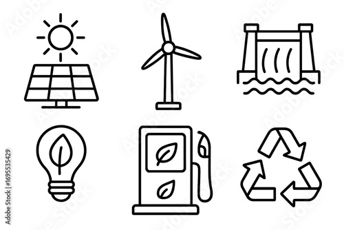 Simple line icons of renewable energy sources and eco-friendly technology, clean power symbols set, sustainable energy vector cartoon illustration, transparent background