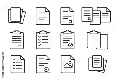 Document line icon set. File, checklist, clipboard, report, and task list symbols. Page and paper pictogram collection for web and apps. Approved document and form sign.