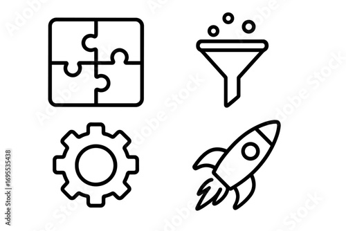 Business process icon collection for startup and growth. Data analytics puzzle, sales funnel, settings gear, and launch rocket. Vector line symbols for web and app design.