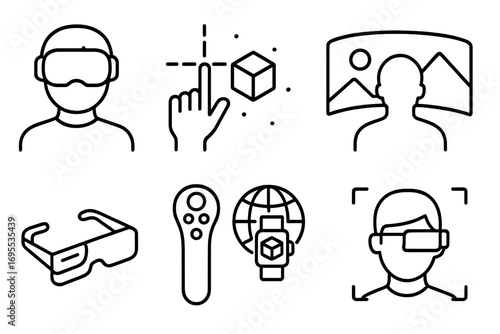 Virtual reality and augmented reality linear icon set with transparent background, VR headset, 3D touch interaction, panoramic view, smart glasses, remote controller, smartwatch AR, face tracking