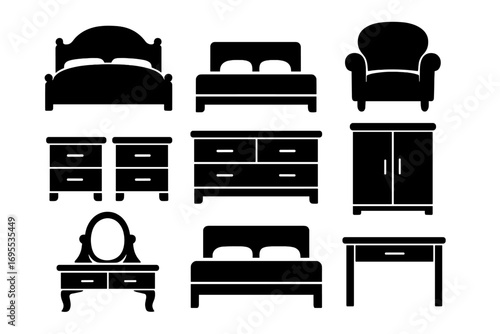 Bedroom furniture silhouette collection. Vector icon set of classic and modern interior design elements. Bed, dresser, wardrobe, armchair, vanity. Home decor graphic illustration.