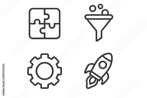 Business strategy and startup vector line icon set. Contains puzzle for solutions, funnel for sales, gear for process, rocket for launch. Data analytics symbols pack.