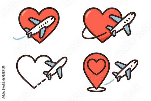 Travel themed love icons with airplanes and hearts, romantic aviation symbols, flying planes with heart shapes, love and travel concept vector set, cartoon style transparent background