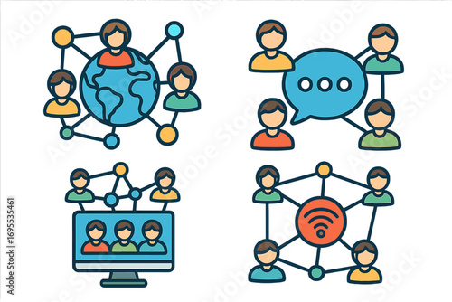 Visual representations of social networks and interconnected communication in digital landscape, vector cartoon illustration with diverse people, global connection, internet communication