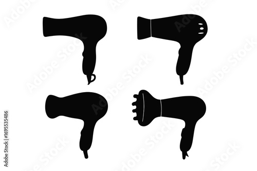 Hair dryer silhouette vector icon set. Blow dryer collection for beauty salon, hairdresser and stylist. Professional hair care equipment and appliance graphic symbols.