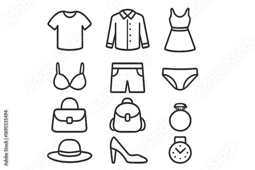 Minimalist line icons of clothing and fashion accessories set, vector cartoon illustration with transparent background, includes shirts, dresses, bras, bags, shoes, hats, watches, and rings