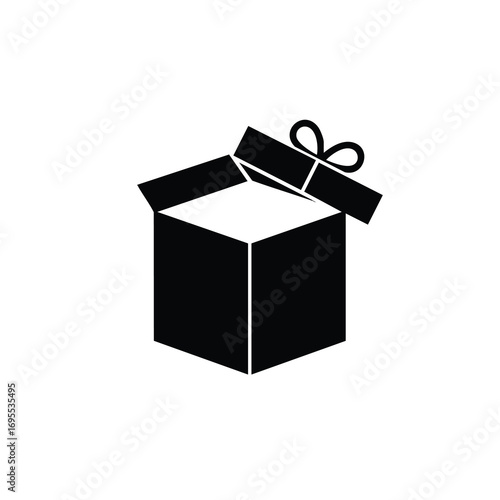 Open gift box icon, simple black and white design.