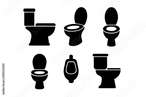 Set of toilet and urinal silhouettes. Vector collection of minimalist bathroom and restroom icons. Lavatory, WC, and water closet symbols for public and private use.