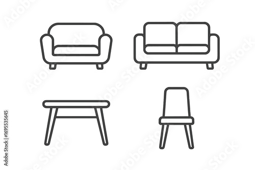 Furniture line icon set. Couch, sofa, armchair, table, chair pictogram collection. Home interior design elements. Minimalist linear symbol for web, app, ui, ux. Editable stroke vector.
