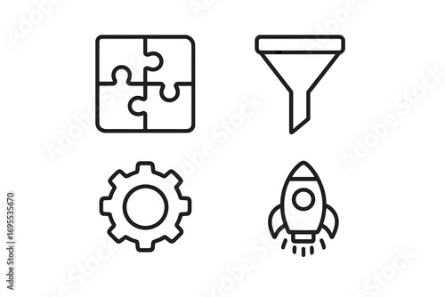 Business process and startup vector icon set. Outline icons of puzzle for strategy, funnel for sales, gear for development, and rocket for launch. Data analytics symbols.