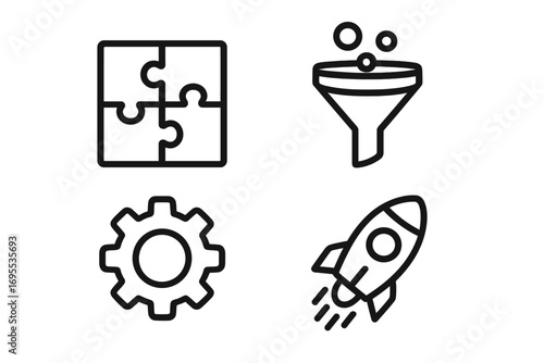 Business and startup icon set for data analytics. Vector line icons of puzzle for strategy, funnel for sales conversion, gear for process, and rocket for growth and launch.