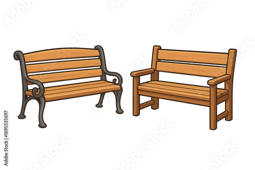 Two Distinct Garden Bench Designs, Elegant and Simple Outdoor Wooden Benches, Classic and Modern Park Seating, Vector Cartoon Illustration with Transparent Background