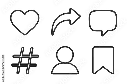 Minimalist social media icons set with heart, share arrow, comment bubble, hashtag, user profile, and bookmark symbol, simple vector cartoon illustration, transparent background