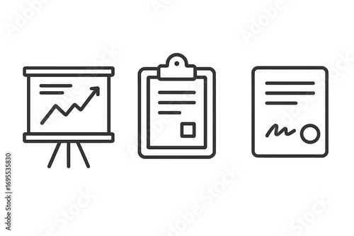 Business report and presentation line icon set. Simple vector illustrations of a presentation board with a growth chart, a clipboard checklist, and a signed contract agreement.