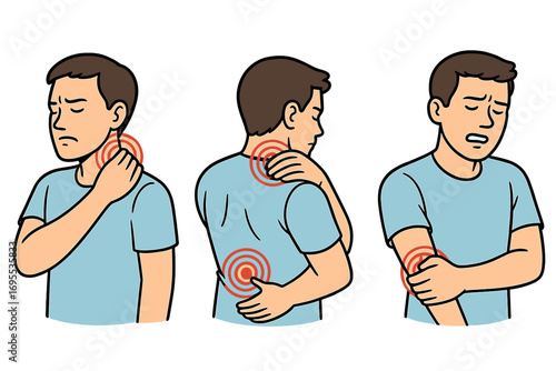 Illustration of common body pain locations with neck, shoulder, back, and joint discomfort highlighted, man showing pain in multiple areas, health and wellness concept vector