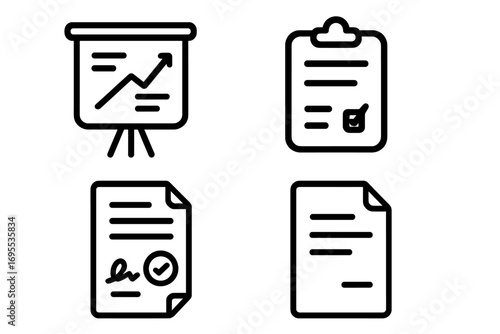 Business documents line icon set. Vector collection of presentation board with growth chart, clipboard checklist, signed contract, and report page for web and app design.