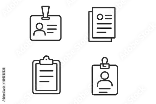 Employee badge, ID card, documents, clipboard line icon pack. Vector pictograms for business identity, office work, user interface design. Minimalist editable stroke symbols.