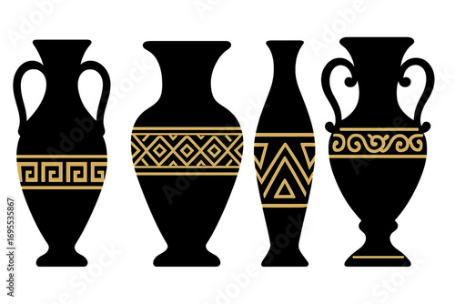 Greek vase silhouette collection. Black and gold set of classic ancient urns, amphora, and pottery with geometric meander ornaments. Vector for decorative classic design.