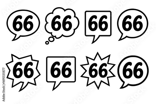 Speech bubble number 66 vector set, variety of cartoon style talk bubbles, thought clouds, comic speech boxes, digital illustration for design projects, transparent background