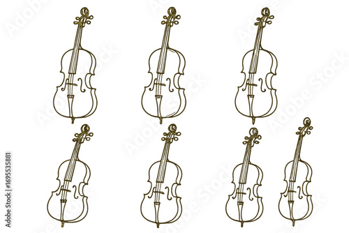 Hand-drawn cello sketch set. Elegant line art of classical string musical instruments. Vector illustration for orchestra or concert design. Isolated music doodle collection.