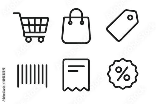 Minimalist shopping icons set including cart, bag, tag, barcode, receipt, and discount symbol with transparent background, simple ecommerce vector illustration, retail and sale design elements