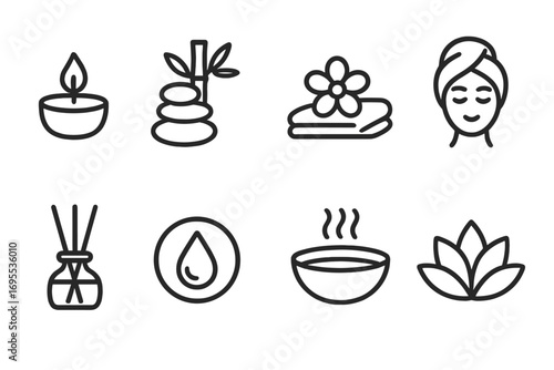 Minimalist spa and wellness icon set for self-care and relaxation themes, vector cartoon illustration with candle, aromatherapy, massage stones, towels, face mask, essential oils, lotus flower