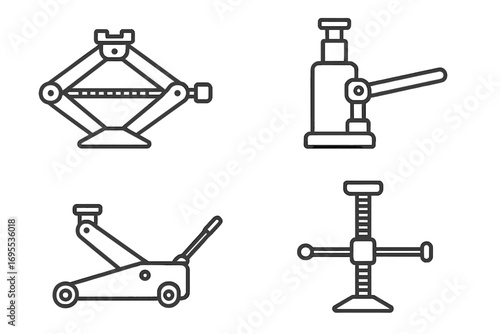 Car jack icon set. Automotive vehicle repair tools. Different types of jacks: scissor, hydraulic bottle, floor trolley, screw jack. Garage equipment for lifting auto. Service.