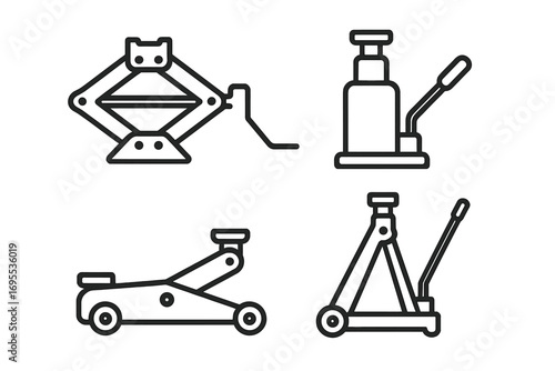 Automotive jacks line icon set. Scissor, bottle, floor jack, and stand for vehicle repair. Car lifting equipment for service and maintenance. Vector outline pictogram collection.