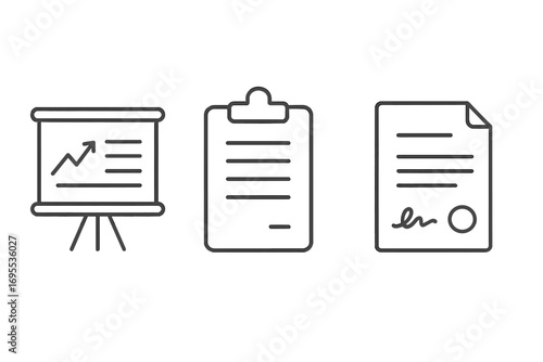 Business documents line icon set. Presentation board with growth chart, financial report on clipboard, and signed contract or agreement. Data analysis and paperwork vector.