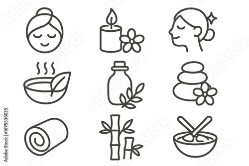 Minimalist spa and wellness icon set for self-care, relaxation, aromatherapy, massage, and holistic health themes. Vector cartoon illustration with natural elements and serene symbols.