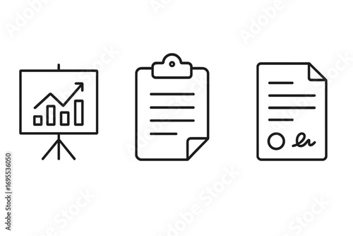 Business documents line icon set. Vector icons of presentation with growth chart, clipboard report, and signed contract. For web, app design. Analysis, data, agreement symbols.