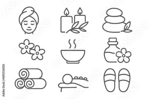 Minimalist spa icons set featuring wellness symbols, relaxation elements, massage stones, aromatic candles, essential oils, flowers, towels, and slippers vector illustration