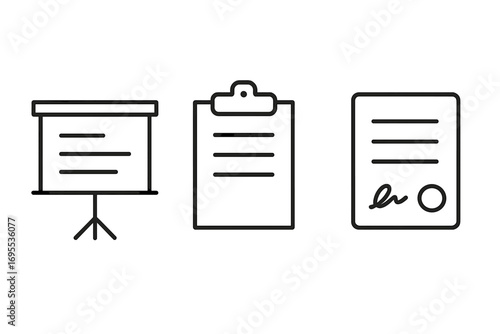 Business documents and office work line icon set. Contains presentation board, clipboard report, and signed contract with stamp. Vector icons for web, app, UI, UX design.