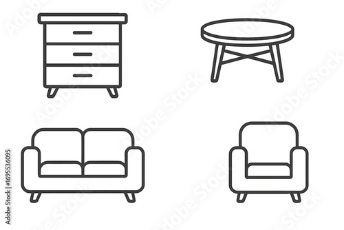 Furniture line icon set. Home interior thin linear symbols. Vector collection of simple outline pictograms for web and app design. Dresser, table, sofa, armchair isolated.