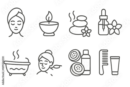 Minimalist spa icons set wellness relaxation beauty self-care essentials vector illustration cartoon line art transparent background organized collection