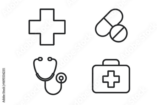 Health care line icon collection. Modern minimal symbols for web design, apps. Vector set of medical cross, pills, stethoscope, first aid kit. Medicine, emergency, pharmacy.