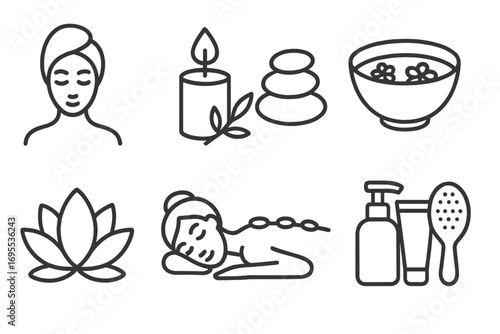 Minimalist spa icons set with wellness, relaxation, beauty essentials for self-care, meditation, massage stones, aromatherapy candle, lotus flower, skincare products, and peaceful spa treatments