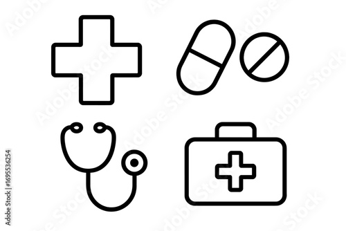 Medical icon set. Health care symbols. Stethoscope, pills, first aid kit, and cross sign. Outline vector illustration for hospital, clinic, pharmacy, app, and web design.