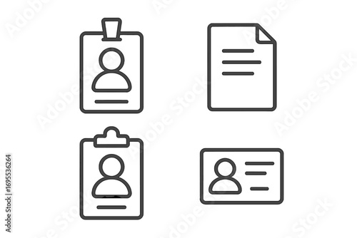 Employee badge, ID card, document, and clipboard line icon set. Minimalist vector symbols for identity verification, personal data, human resources, resume, and staff access.
